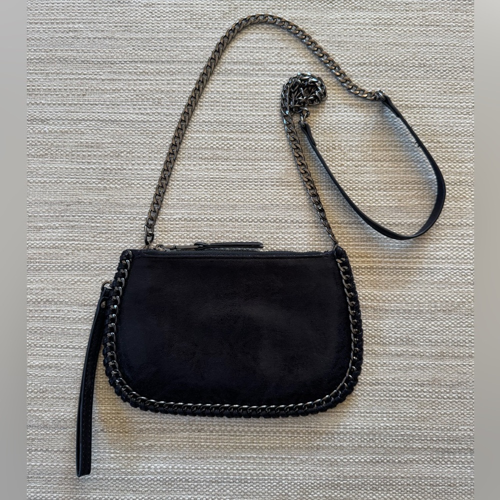 Madison‎ West small black vegan leather crossbody bag purse with chain details